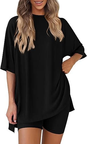 PRETTYGARDEN Women’s 2-Piece Summer Co-ord Set | Oversized High-Low Tee &amp; Biker Shorts