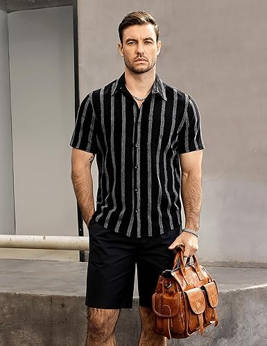 Men’s Ribbed Textured Striped Button-Down | Classic Short Sleeve Summer Shirt